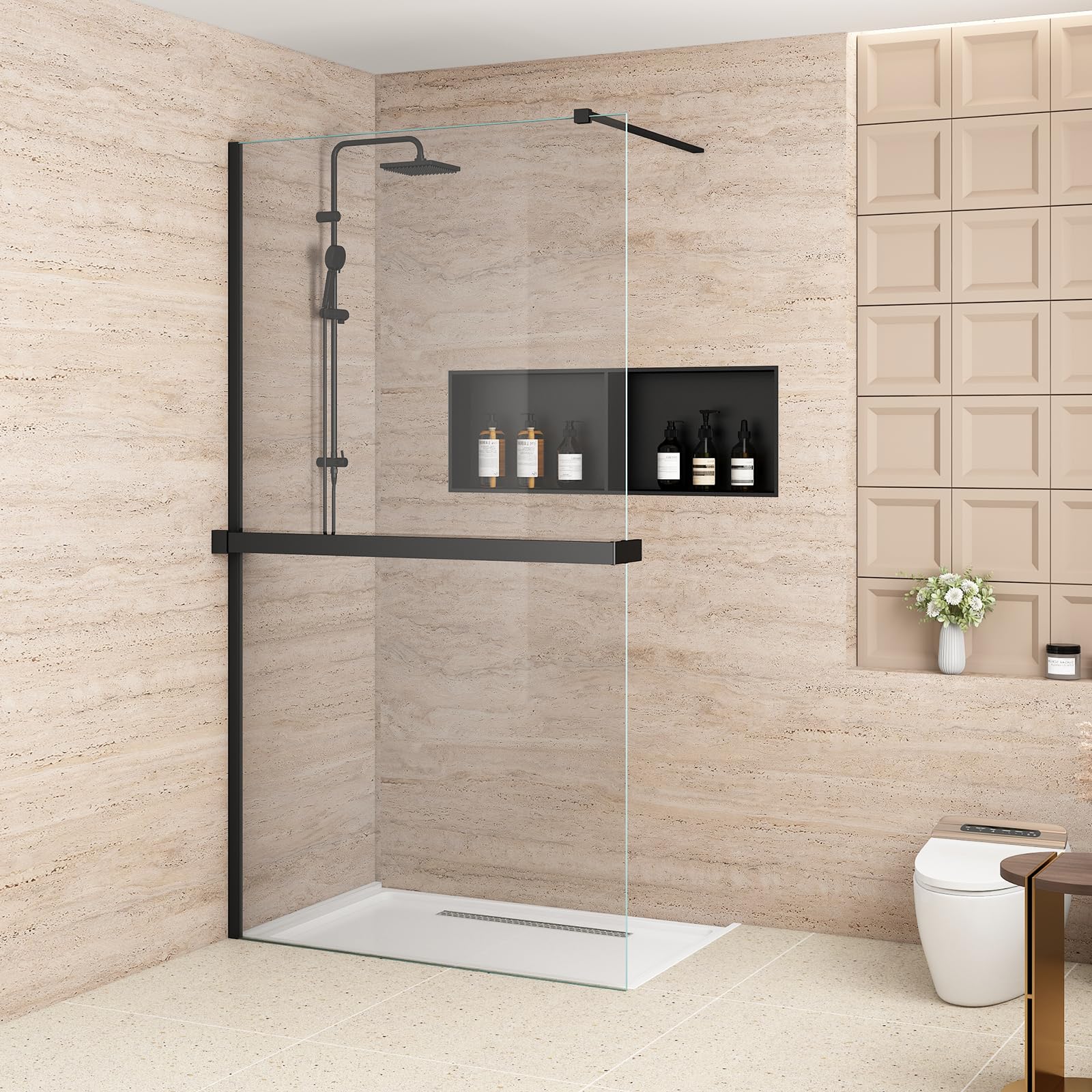 Duschwand für Dusche mit Ablage, Schwarz, 110 x 200 cm