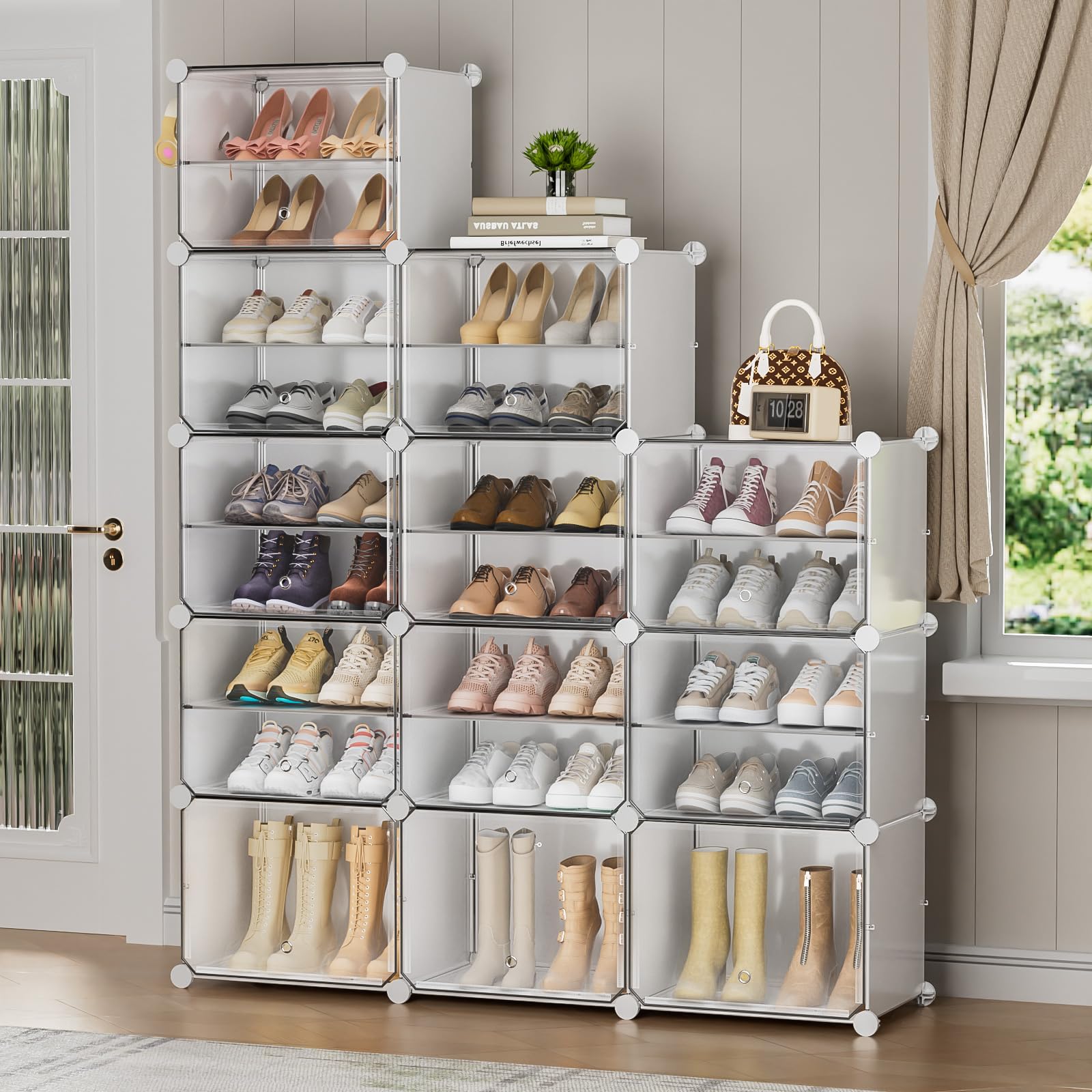 Schuhregal, Schuhschrank mit 44 Fächern, schuhregal hoch und schmal, schuhregal weiß, schuhschrank hoch geschlossen für Garderobe Flur Schlafzimmer Eingang, DIY anpassbar