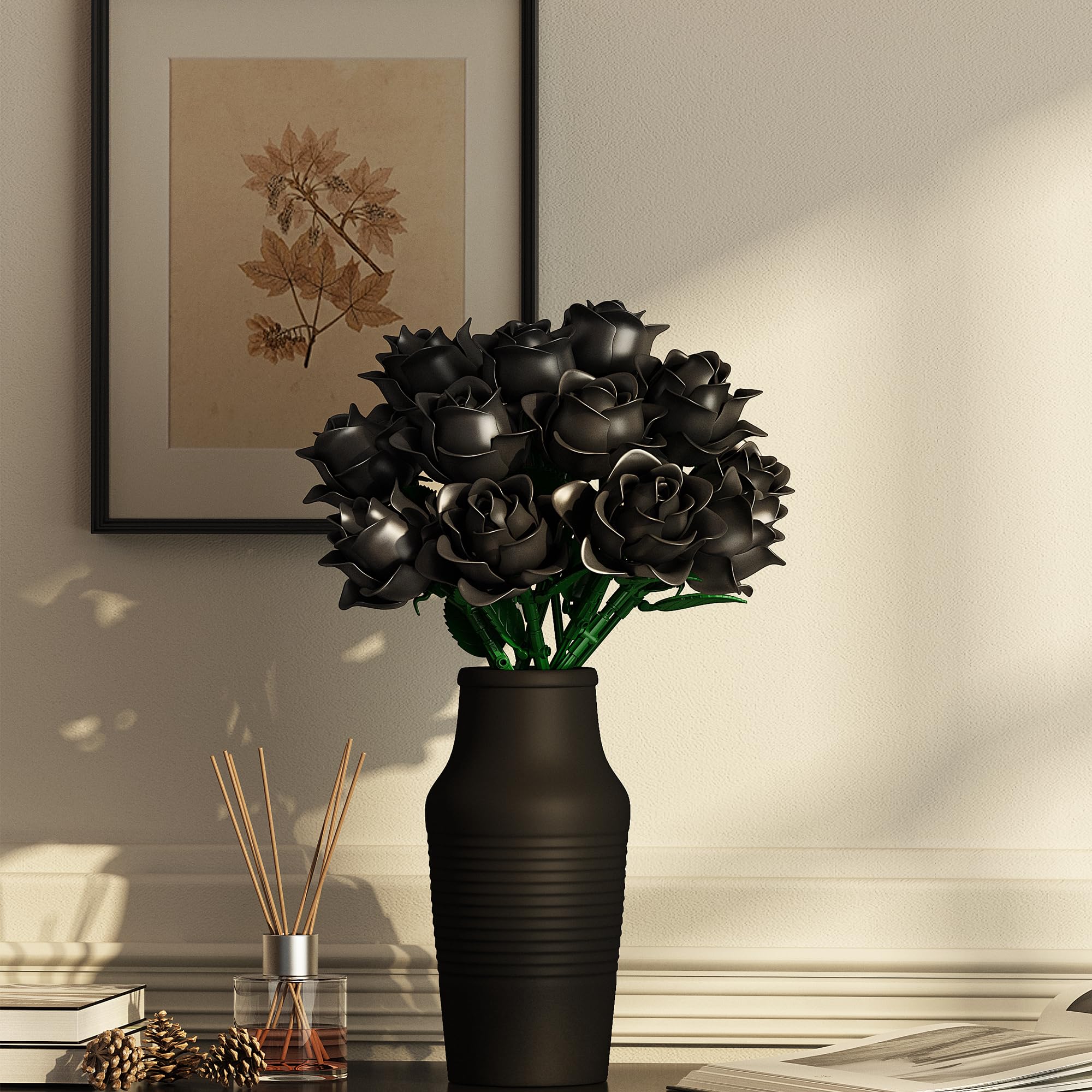 Mavo brix Set de Ramo de Rosas Negras, Colección Botánica de Flores Artificiales para Adultos, Decoración Gótica para el Hogar Mujeres y Niñas, 585 Piezas