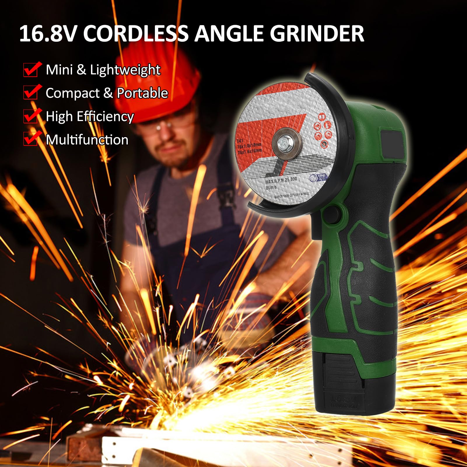 Smerigliatrice Angolare a Batteria 7000 Giri/min 16,8 V 76 Mm | Utensile per Molatura Elettrico, Alloggiamento in ABS, Batteria Al Litio da 16,8 V, Caricabatterie Rapido, Taglio di