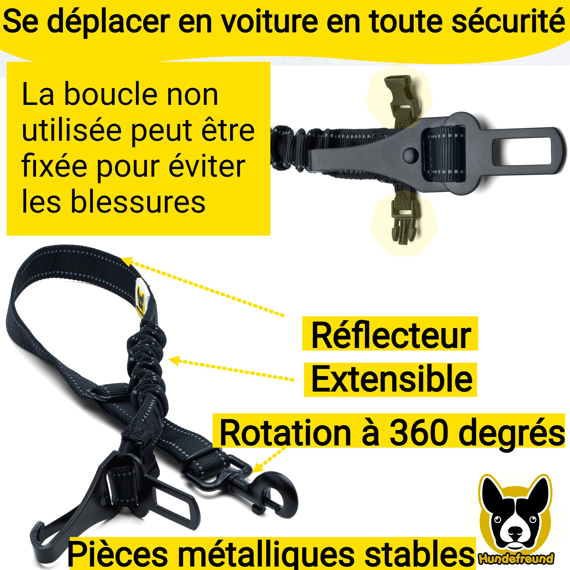Hundefreund Ceinture de Sécurité pour Chien Voiture Extrêmement Sûre - Ceinture Chien Voiture Réglable avec Amortisseur pour Tous Les Types de Voitures et Toutes Les Races de Chiens