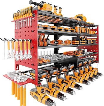 5 Layers Power Tool Organizer Wall Mount, Metal Cordless Tool Hanger Storage Rack Holder with 8 Drill Holders, Heavy Duty Garage Wall Tool Shelf for Workshop Tool Room Shed Pegboard Black Red