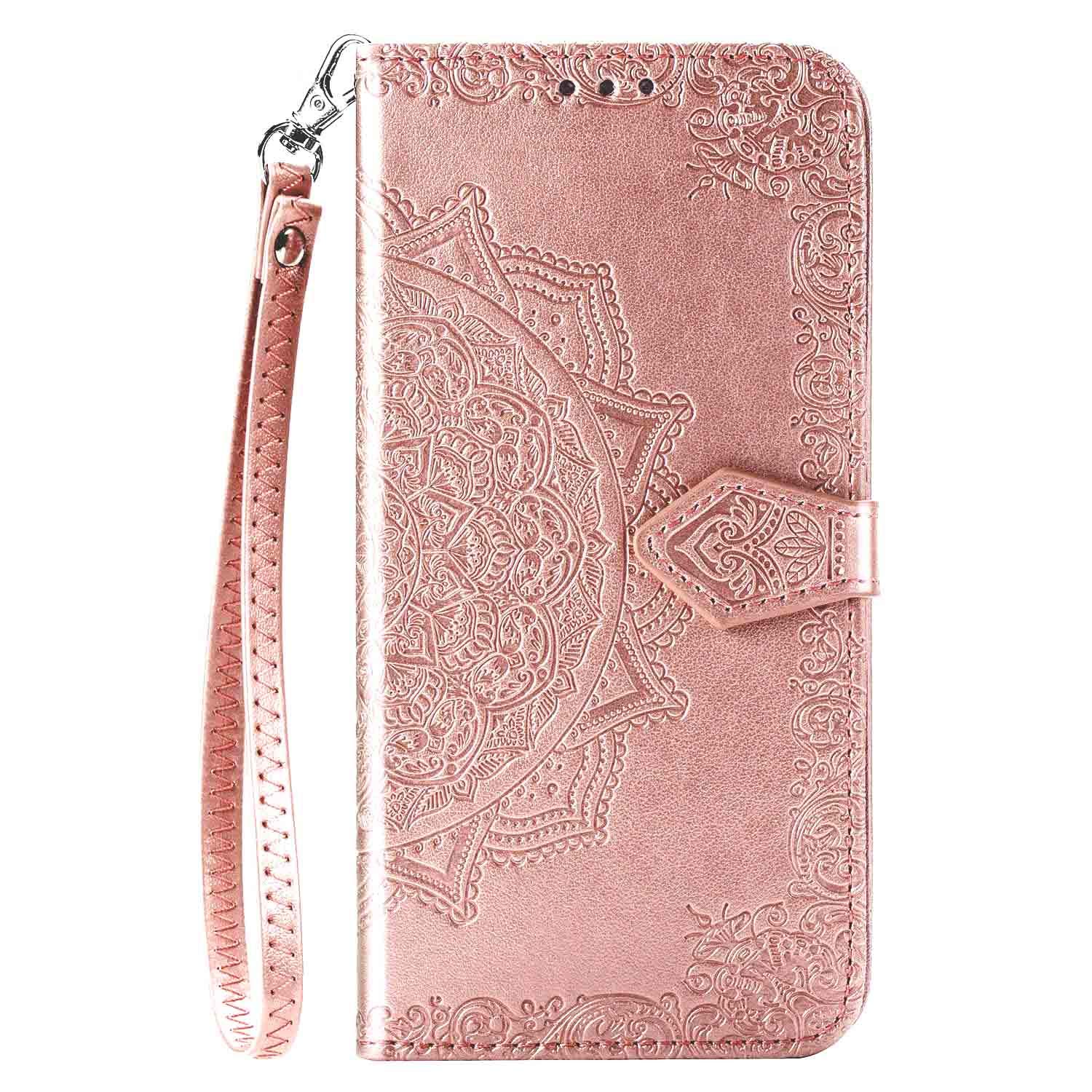 iBarbeCompatible with iPhone 12 Pro Max 6.7" Wallet Case,PU Leather Flip,Kickstand,Double Magnetic Clasp,Embossed Mandala Flower Lanyard Protective PU Leather Cover,3 Card Slots,1 Cash Clip,rose gold