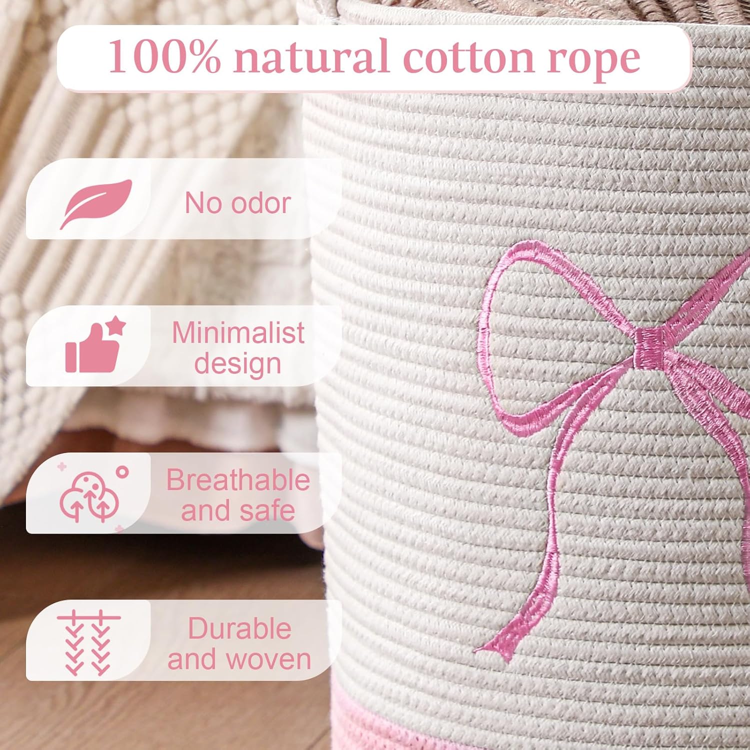 Honeydak Pink Laundry Basket Bow Hamper Coquette Laundry Basket Cotton Rope Pink Hamper 15 x 17.7 Inches Toy Box Large Coquette Bow Teens Girls Room Storage for Blanket Toys Clothes Organization - Image 3
