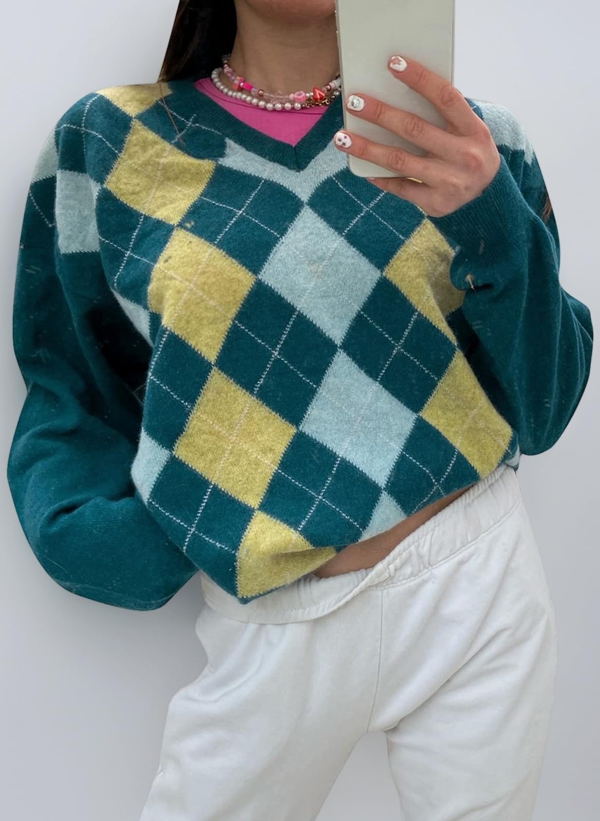 FeMereina Autumn Vintage Argyle Y2k Sweaters Women Oversized Harajuku Aesthetic Pullovers Streetwear Jumper Korean Knitwear Cuteandpsycho