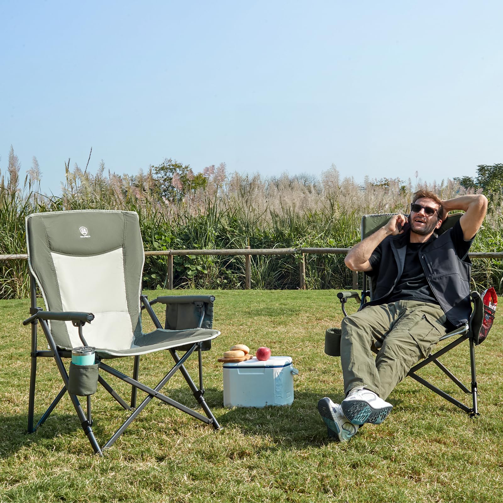 EVER ADVANCED Sedia da campeggio pieghevole, 230 kg, portata XL, 62 cm, larghezza della seduta con tasca laterale, supporto per bevande, sedia pieghevole per campeggio, esterni, balcone, giardino