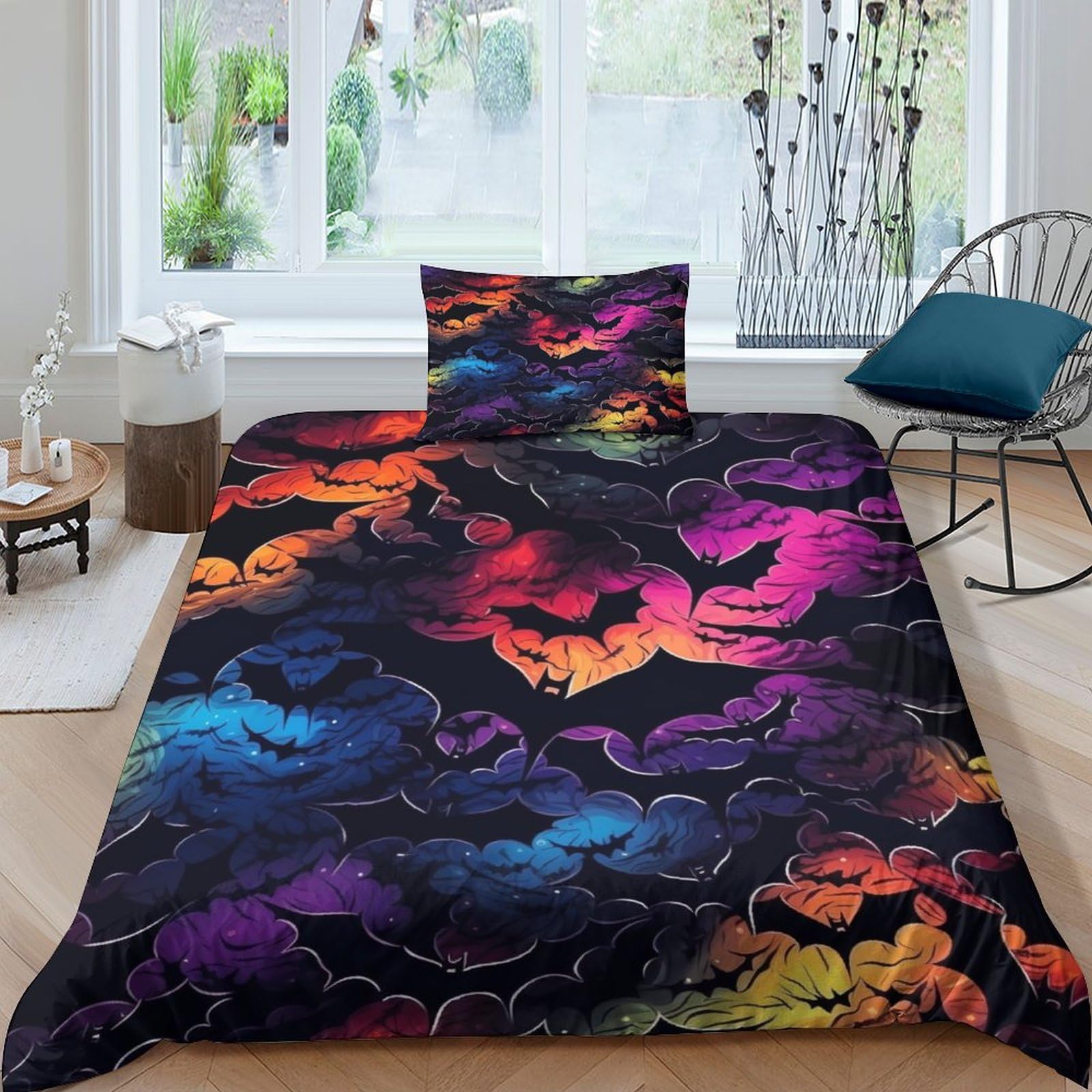 Funda nórdica de murciélago impresión digital neón juego de cama infantil 3 piezas 135x200cm