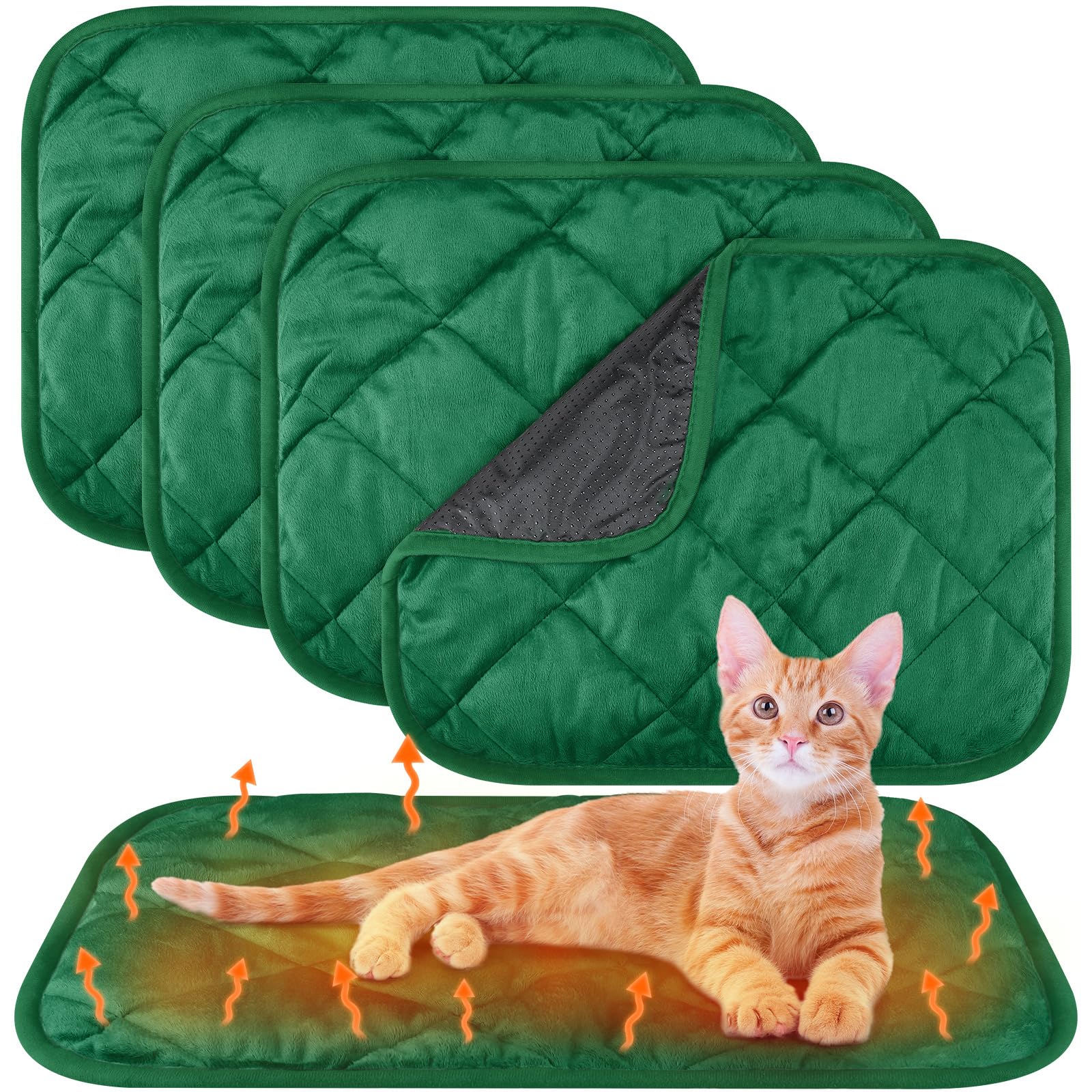 Paquete de 4 almohadillas para gatos autocalentables que reflejan el calor corporal, extra cálidas, térmicas, lavables para perros y gatos, manta para cama de perro y gato (color verde oscuro,