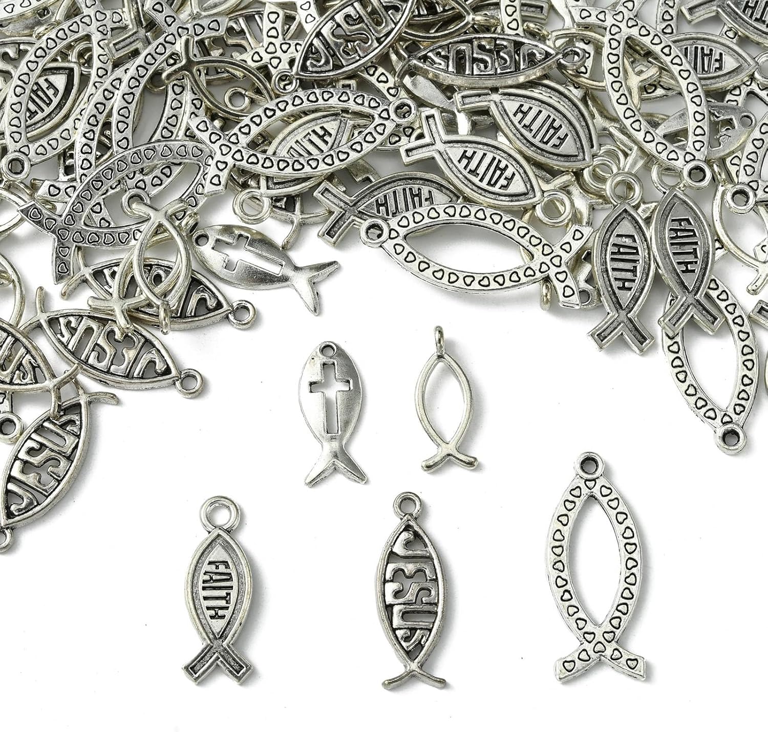 KitBeads 100Pcs 5 Styles Tibetan Jesus Fish Charms - Easter Christian Antique Silver Religious Charms for Jewelry Making Bulk - Image 7