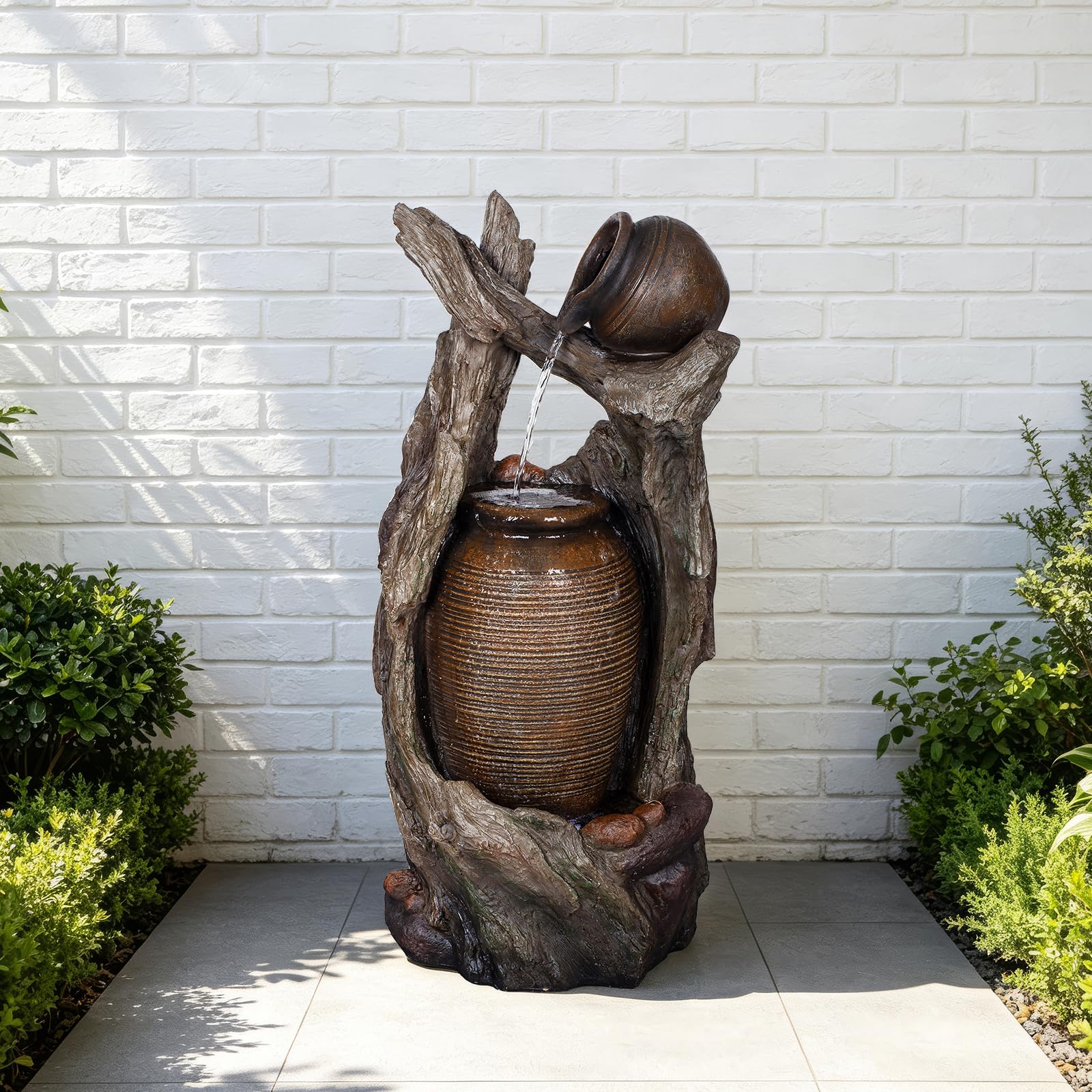 Tree Root Pot Outdoor Water Fountain, Resin with LED, 39.4 in