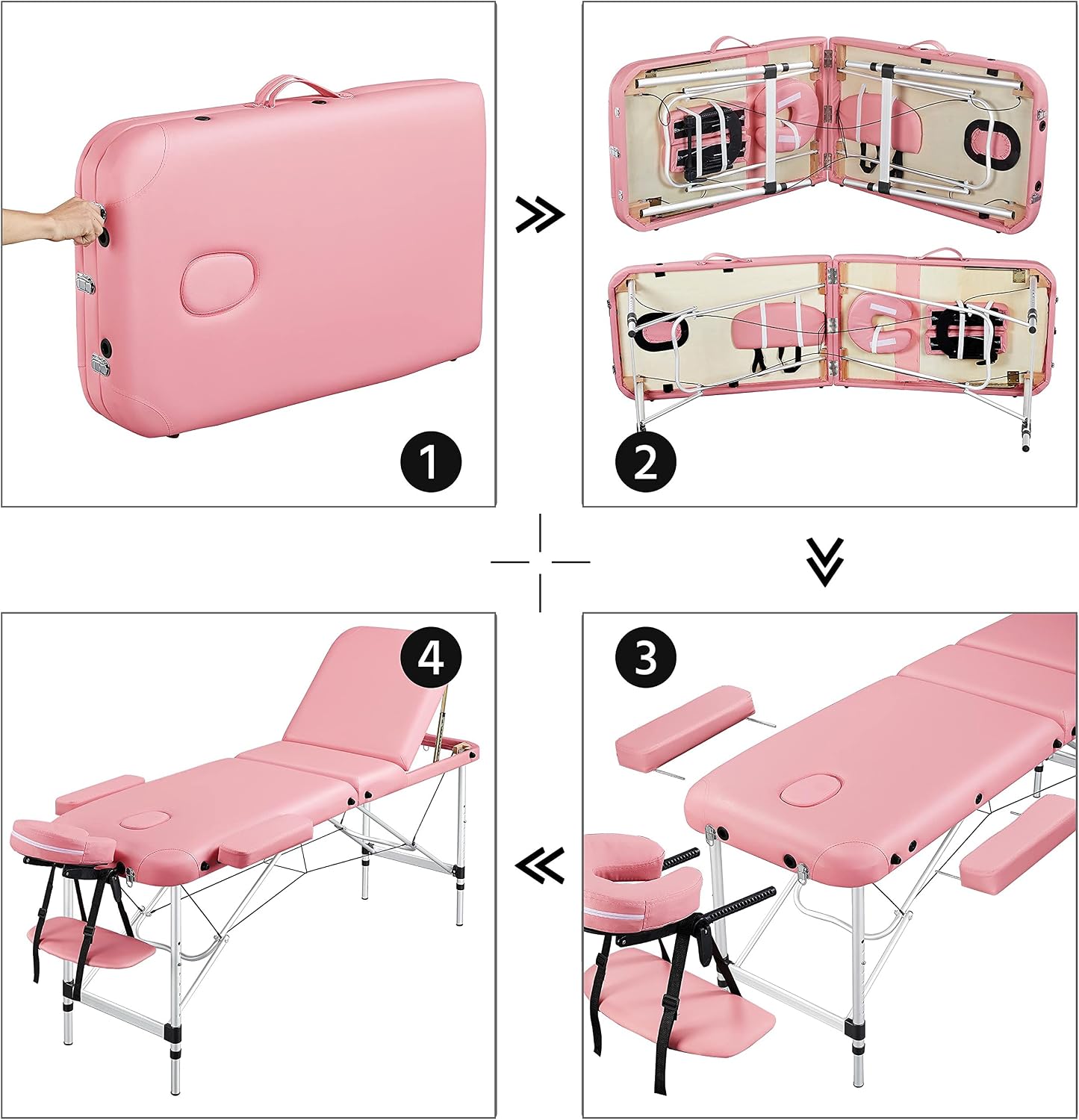Yaheetech Massage Tables Portable Tattoo Table Adjustable Lash Bed Aluminium 3 Folding Spa Bed with Non-Woven Bag 23 inch Wide Pink