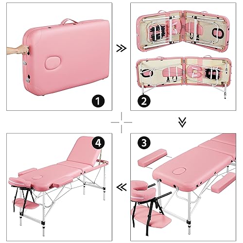 Miniatura 21 de Yaheetech Mesas de masaje portátil para tatuaje, cama ajustable de aluminio, 3 camas plegables de spa con bolsa no tejida de 24 pulgadas de ancho