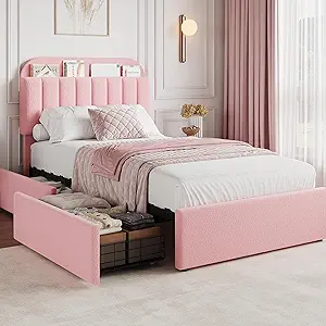 GarveeHome Twin XL Bed Frame with Storage Headboard, Girls Bed Frame with 2 Drawers, Boucle Upholstered Platform Bed with Bookcase, No Box Spring Needed, Easy Assembly, Pink