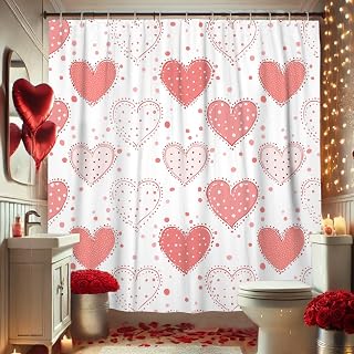 Cortina de ducha con diseño de corazones, color rojo melocotón, cortina de baño decorativa para el día de San Valentín, estilo romántico y moderno, tela impermeable, juego de cortina de ducha con