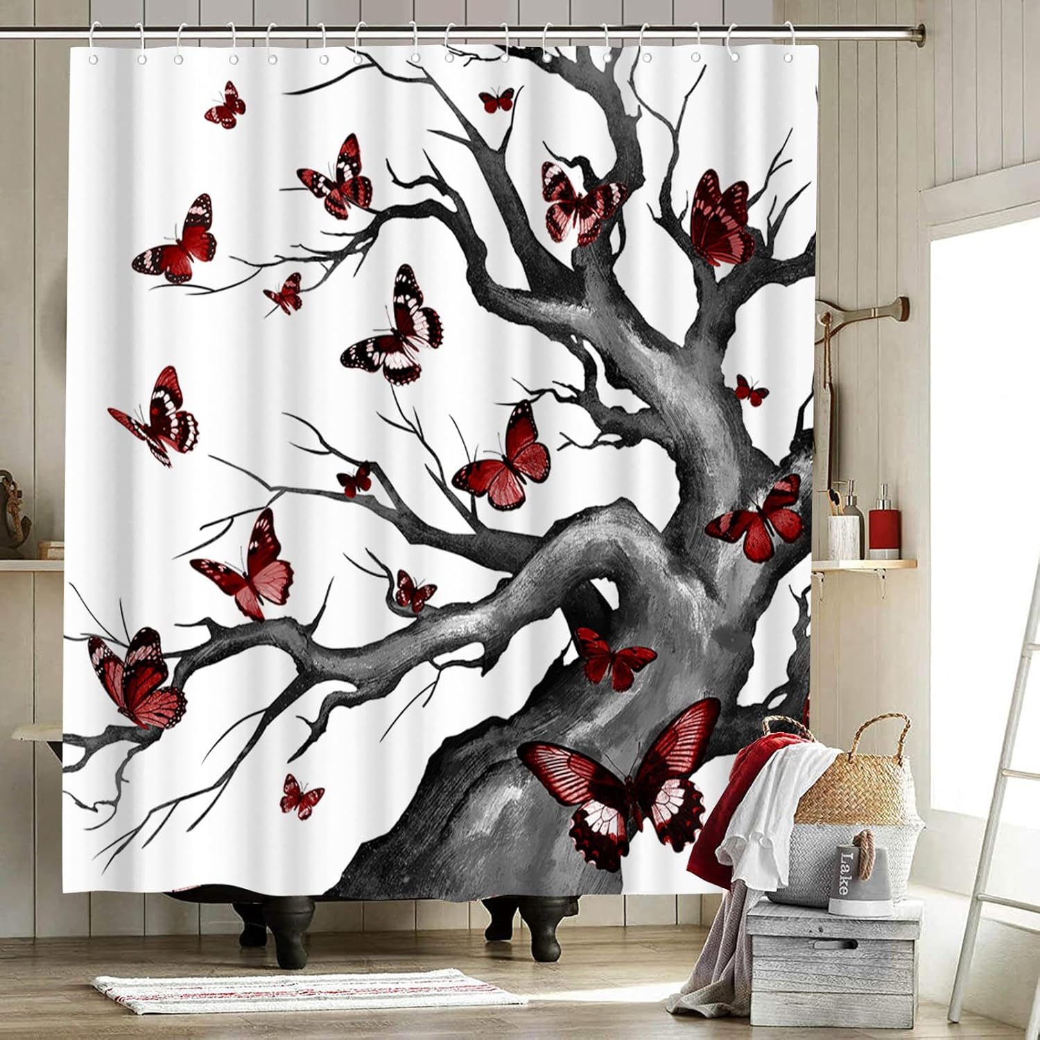 Butterfly Shower Curtain Tree of Life Bathroom Curtain Red Black and White Bathroom Decor Home Decoration with Hooks 72"x72"