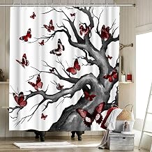Butterfly Shower Curtain Tree of Life Bathroom Curtain Red Black and White Bathroom Decor Home Decoration with Hooks 72"x72"