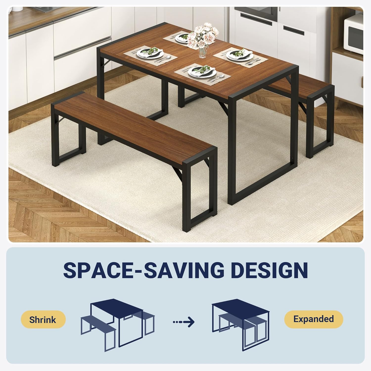 Allewie 3-Piece Dining Table Sets with Benches, Heavy Duty Metal Space-Saving Dinette for Kitchen/Living Room/Studio, Black Legs and Wooden Board