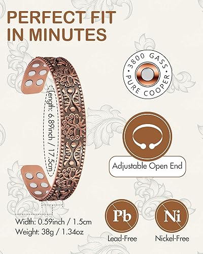 Miniatura 7 de Feraco Pulsera magnética de cobre puro para hombre, 18 veces ultra fuerte, con imanes de neodimio Gauss de 3800 Gauss, ajustable