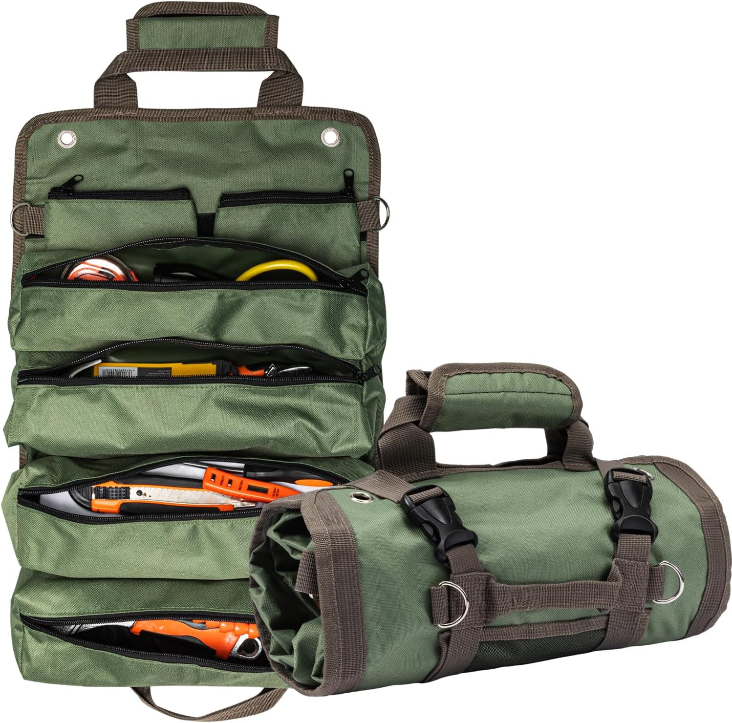 Roll Up Tool Bag, Heavy Duty Rolled Tool Storage Organization, Portable Foldable Rolling Bag with 2 Detachable Small Pouches, Waterproof Tool Pouch Bag for Dad Men Electrician Mechanic Gifts