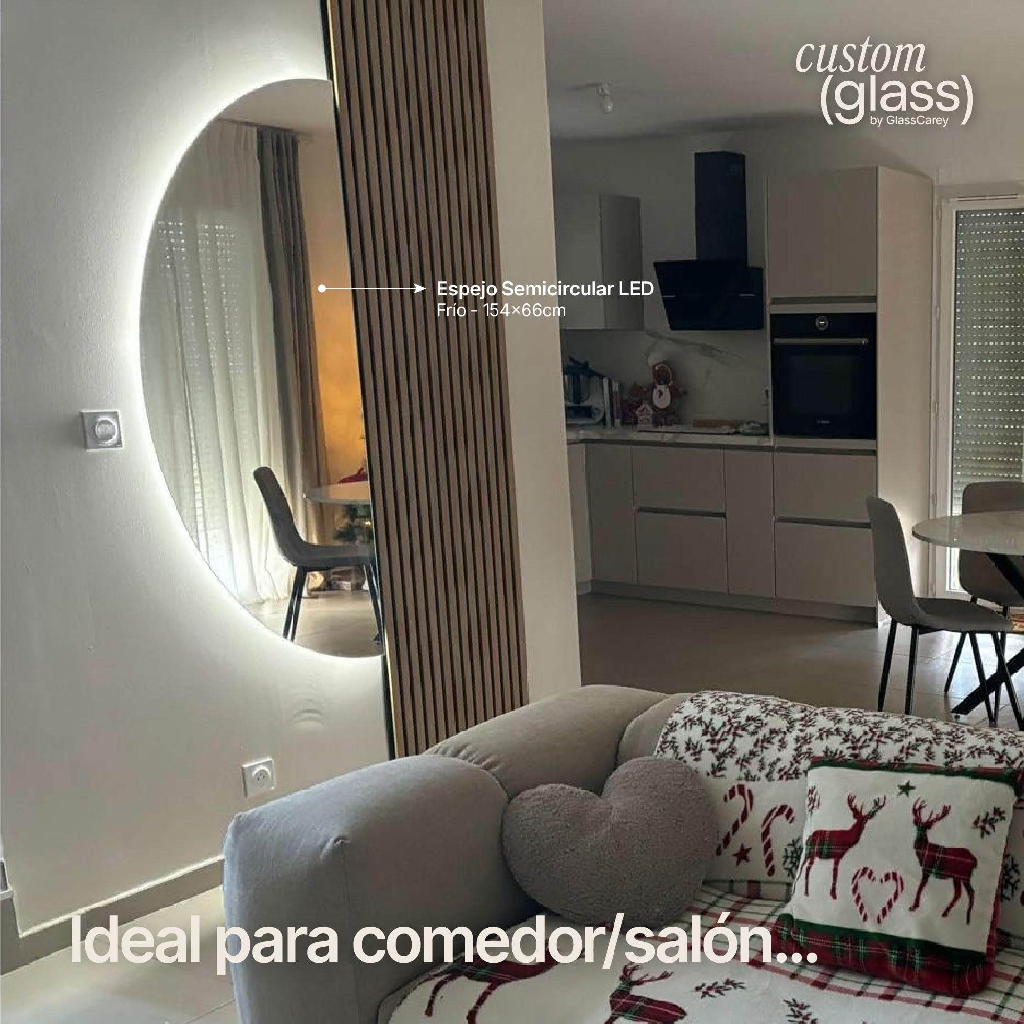 CustomGlass Espejo Semicircular Led 154X66 cm de Pared Diseño Media Luna con Iluminación Decoreativa Varias Madidas Ideal para Recibidor Dormitorio Salón o Baño (Semicircular 154X66 cm)