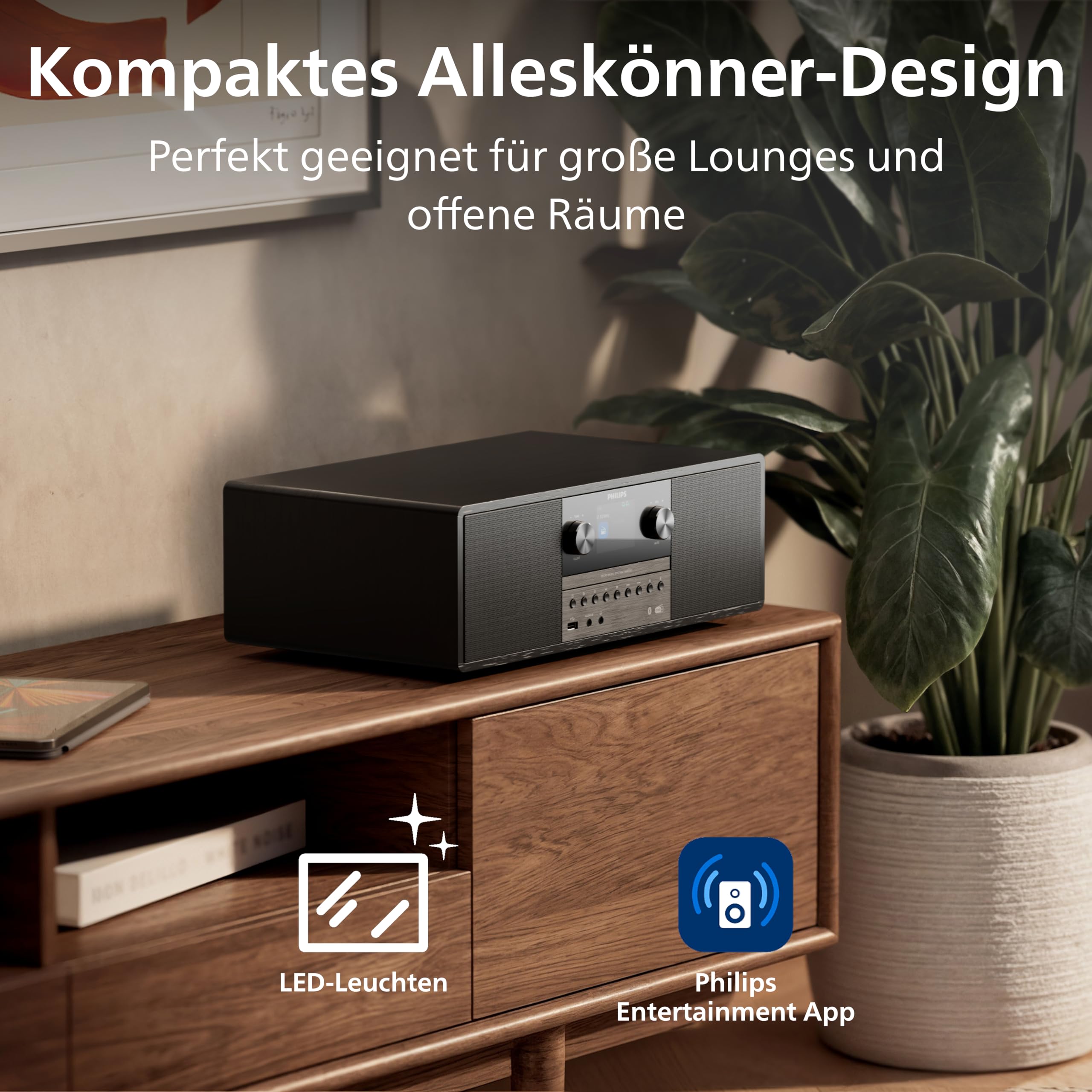 Philips TAM6500/10 100-Watt-Mikro-Musiksystem, Bluetooth 6.0, Auracast, DAB+/UKW-Radio, CD/USB/Audio-Eingang, Bassreflex-Lautsprecher, Farbdisplay, Fernbedienung, Recyceltes Plastik – Schwarz