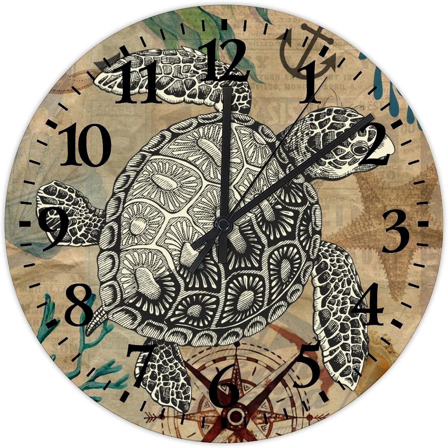 Wooden Wall Clocks Sea Turtle Wooden Decorative Battery Operated Arabic Numeral Rustic Coastal Art Round Clock for Home Office 15 Inch
