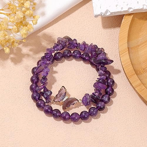 Miniatura 5 de GolbalJew Pulsera de Amatista para Mujeres Ansiedad Pulseras de Cuentas de Amatista Dijes de Mariposa Piedra Curativa Pulsera en Capas Regalos