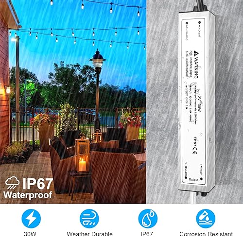 Miniatura 42 de LightningWill transformador impulsor de fuente de poder LED, impermeable, IP67, 110V CA a 12V DC con enchufe de 3 clavijas para uso externo