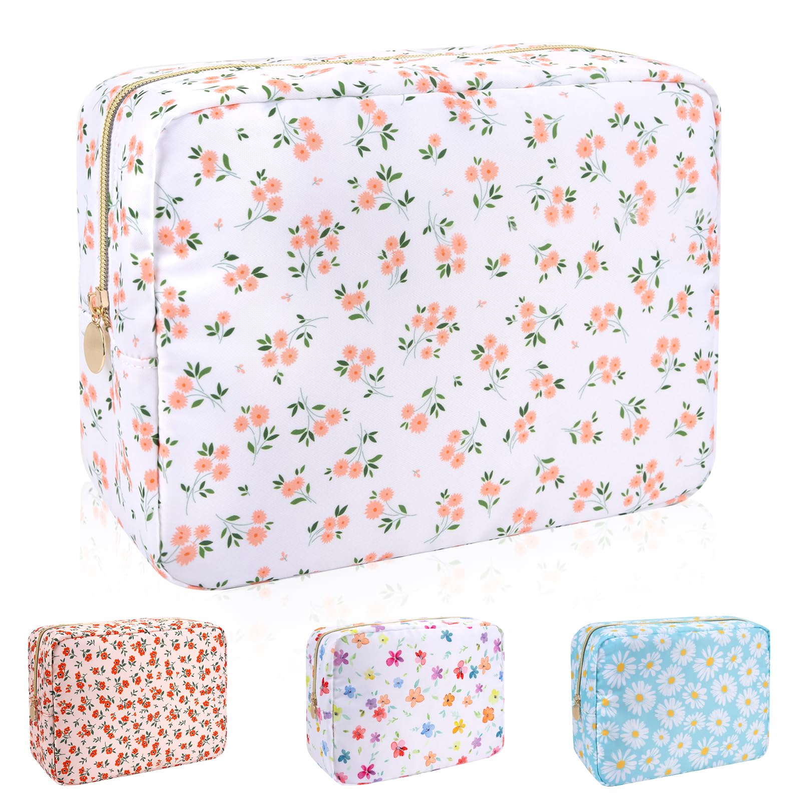 Waterproof Nylon Large Makeup Bag Travel Pouch, Floral Preppy Big Cosmetic Bag Make Up Organizer Toiletry Bag with Zipper, Large Capacity Cute Zipper