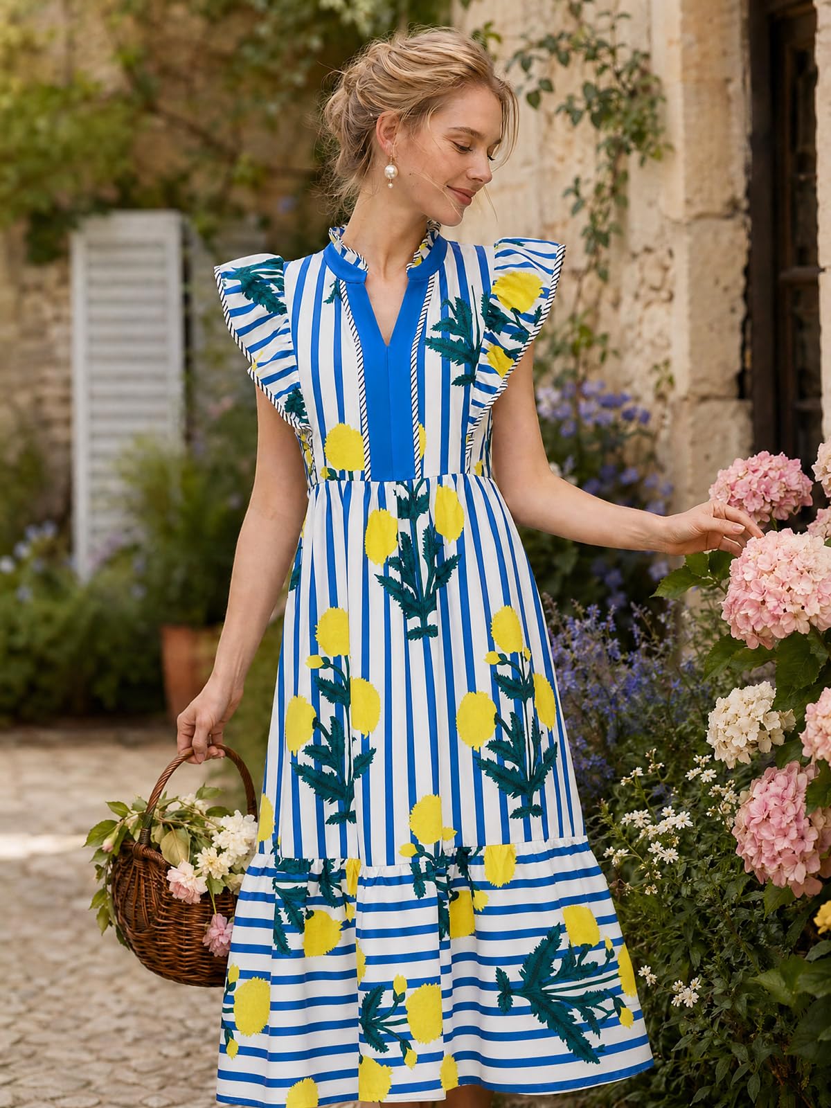 Wenrine Damen-Sommerkleider 2026, V-Ausschnitt, Rüschen, Flügelärmel, Empire-Taille, fließendes Blumenmuster, gestreift, Strand-Maxikleid mit Taschen