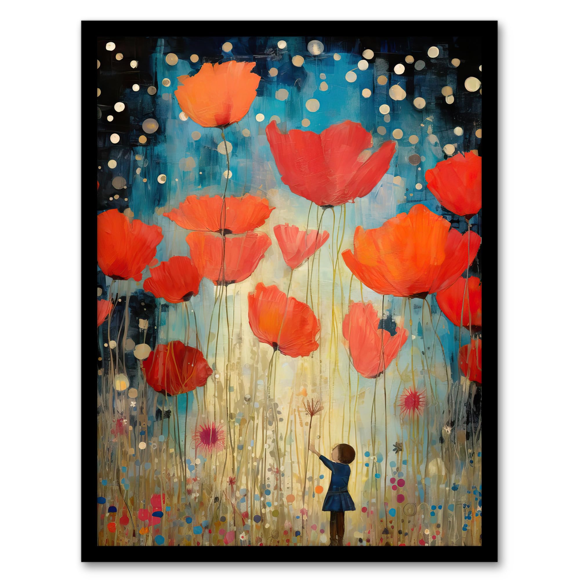 Artery8 Poppy Dreams Oil Painting Kids Bedroom Child In Wildflower Meadow Of Giant Poppies Artwork Framed Wall Art Print 18X24 Inch