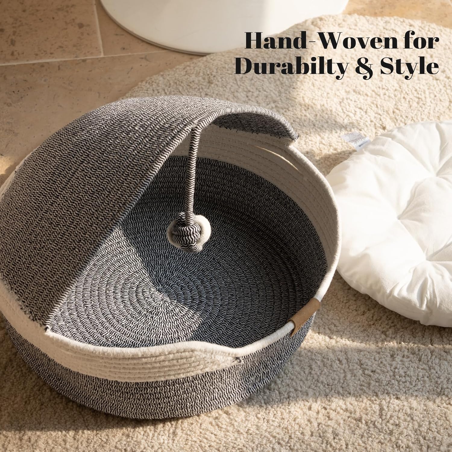 CHEERPALS Cat Basket Bed for Indoor Cats, Covered Pet Bed with Washable Cushion and Ball Rope Cotton Bed for Medium and Large Cat, All Season Universal(Blue)