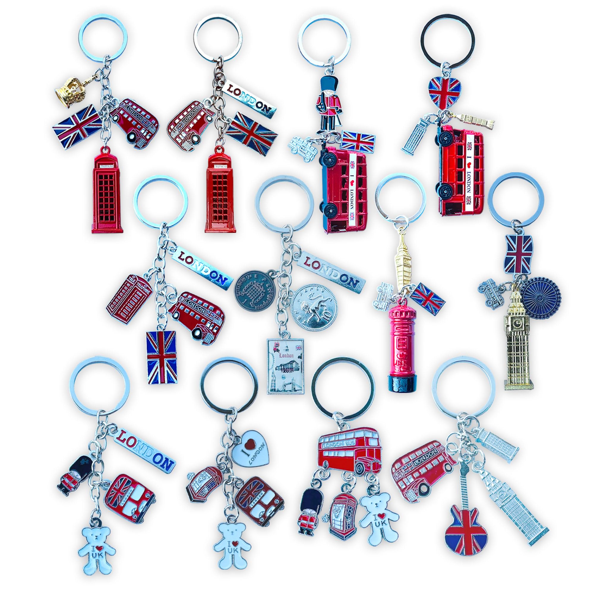 LILAJ Set of 12 London Souvenir Chain Keychains, British Icons - Telephone Booth, Double-Decker Bus, Big Ben, 3D Replicas, Ideal for Keys & Bags, Cute Keyring Ornament, Home Decor Gift
