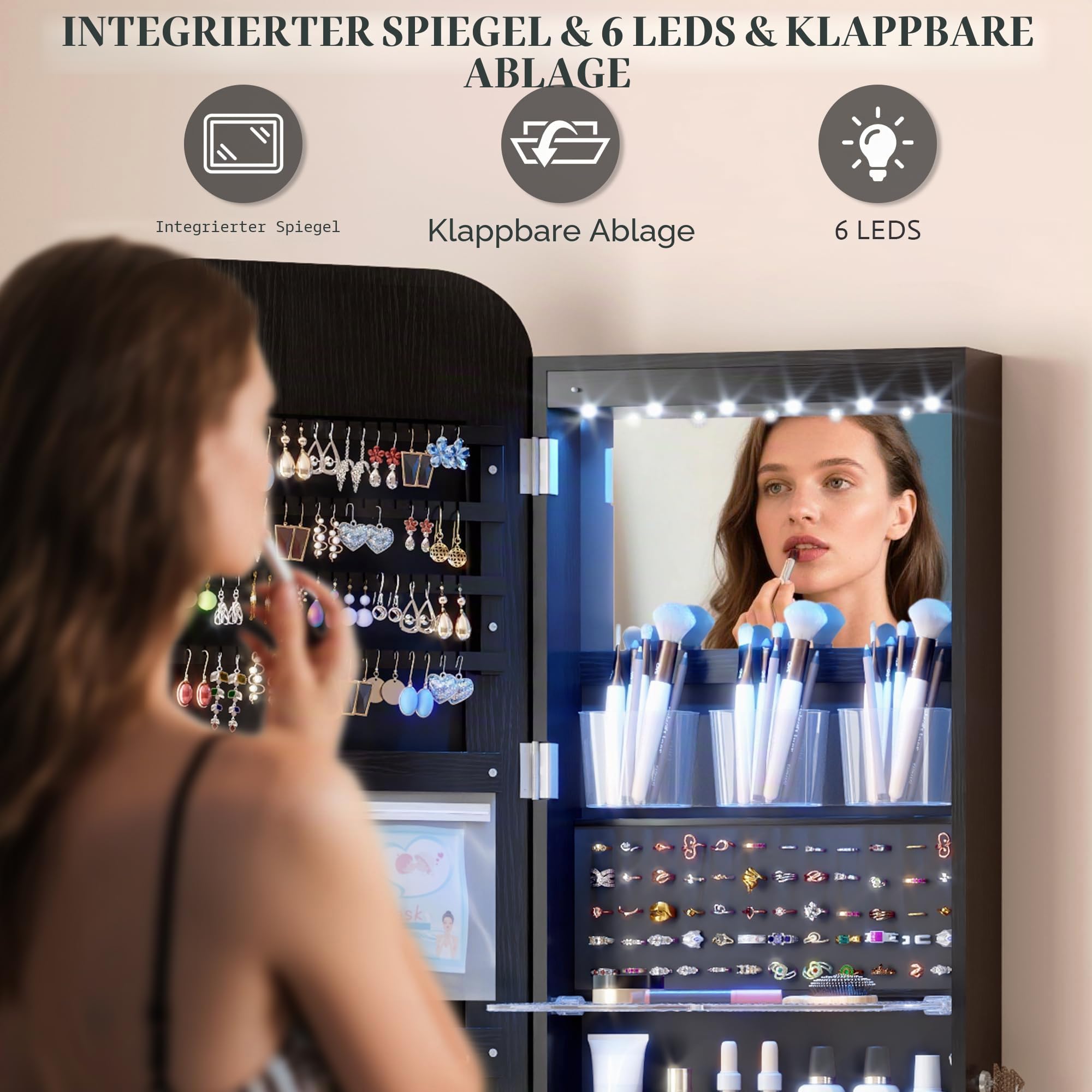 Vlsrka LED Ovaler Schmuckschrank Hängend, Türspiegel/Wandspiegel Schmuckschränk, Schmuckschrank mit Spiegel & Beleuchtung, Schmuckspielgelschrank Holz Abschließbarer, Gewölbter Spiegelschrank, Schwarz