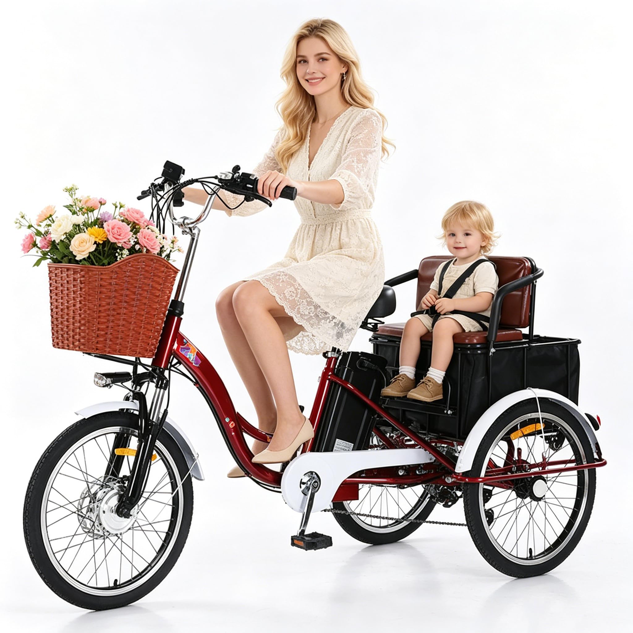 Triciclo elettrico per adulti, 20 pollici, 7 velocità, portata massima 150 kg, 3 modalità di guida, faro a LED e clacson, ideale per gli spostamenti quotidiani e per fare la spesa.
