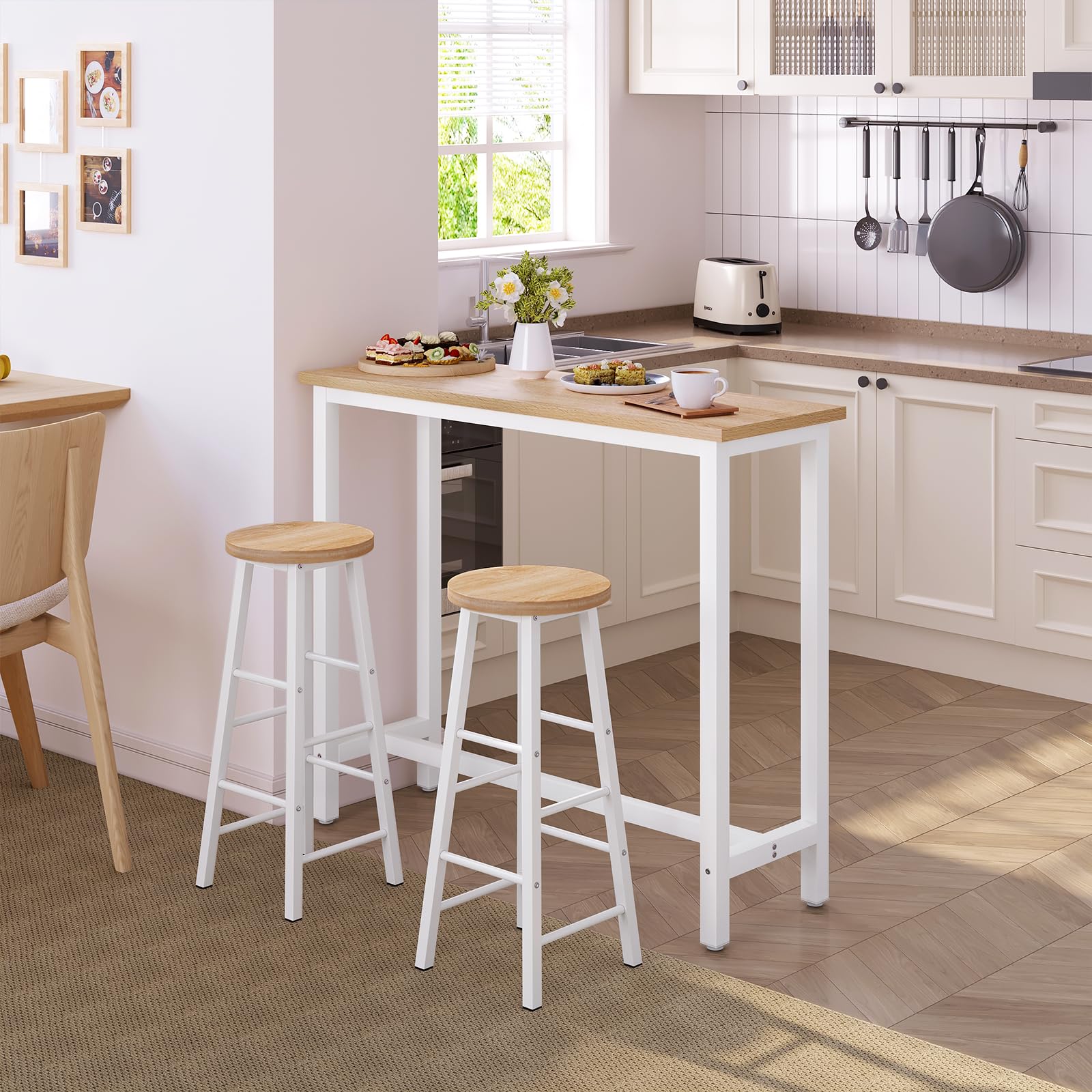 WOLTU Tavolo Alto con 2 Sgabelli, Set Pranzo per Cucina, Sala da Pranzo, Isola da Cucina, Sgabelli Rotondi, Struttura in Metallo, Design Industriale, Rovere Chiaro