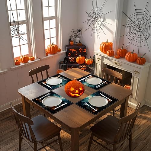 Miniatura 4 de Manteles individuales de Halloween, juego de 6 manteles individuales de Halloween, bosque terrorífico, bosque oscuro, noche gótica, decoración de