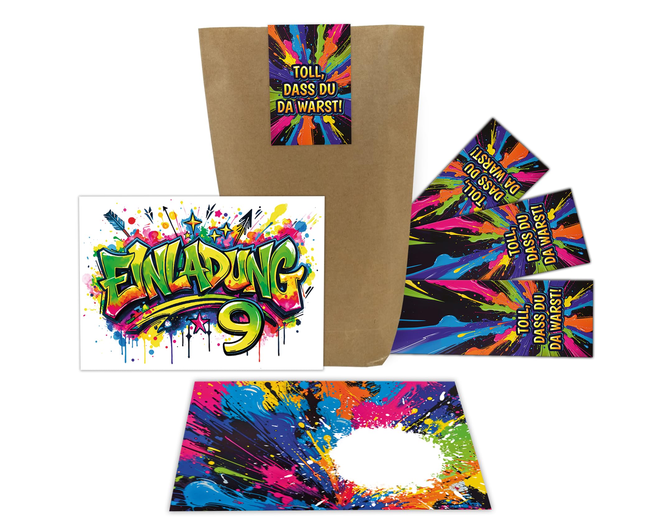 Junaversum 12 Einladungskarten zum 9. Kindergeburtstag Kinder Graffiti Mädchen Junge coole bunte Einladungen neunte Geburtstag Geburtstagseinladungen Kids inkl. 12 Umschläge, 12 Tüten, 12 Aufkleber