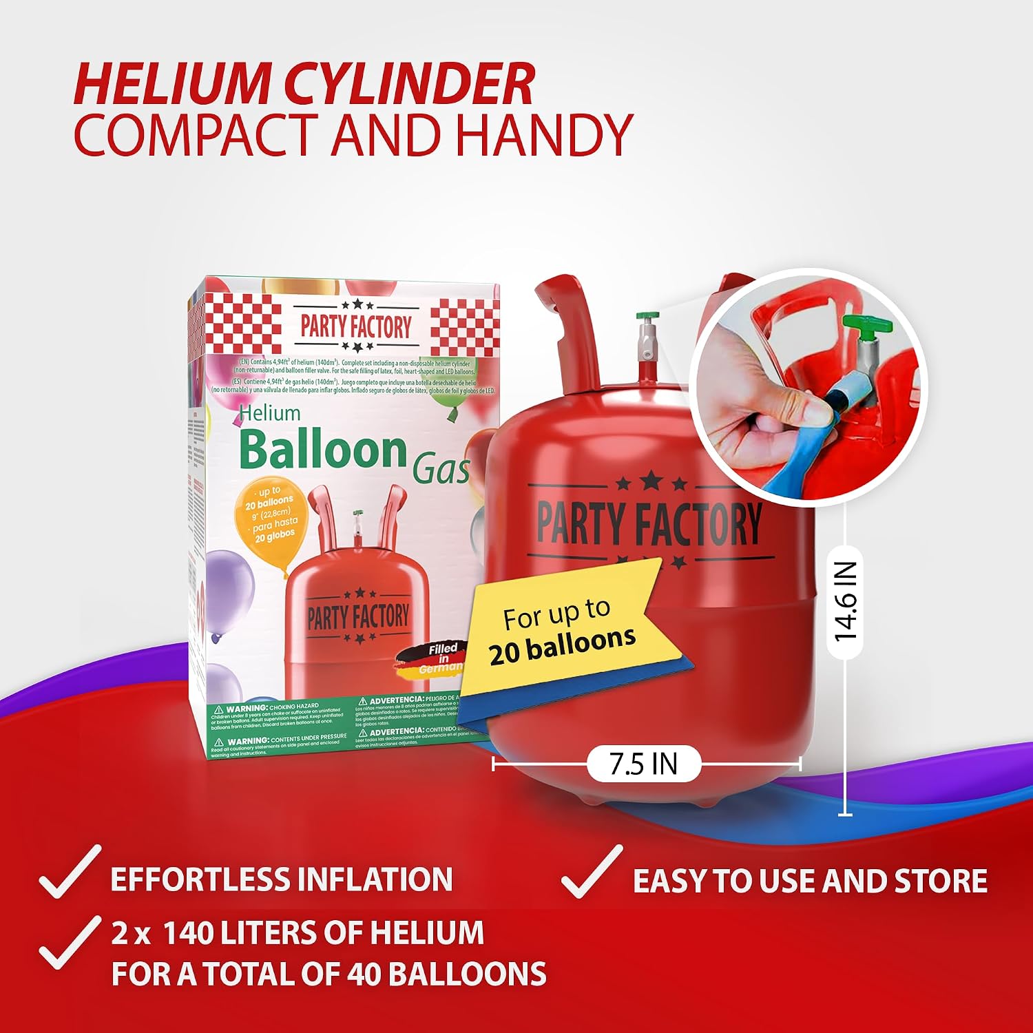 Party Factory – Helium Tank - 2 x 140 liters for up to 40 assorted balloons (latex, LED & foil) – Party birthday decoration disposable gas cylinder – bendable filling valve – For decorative occasions