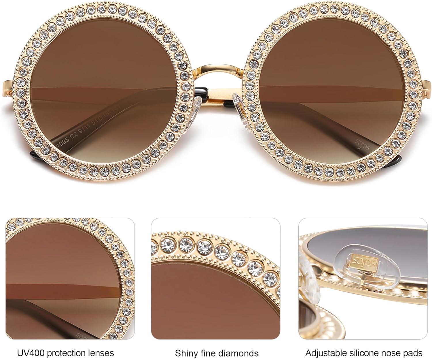 SOJOS Shining Oversized Round Rhinestone Sunglasses Festival Gem Sunnies SJ1095 - Image 5