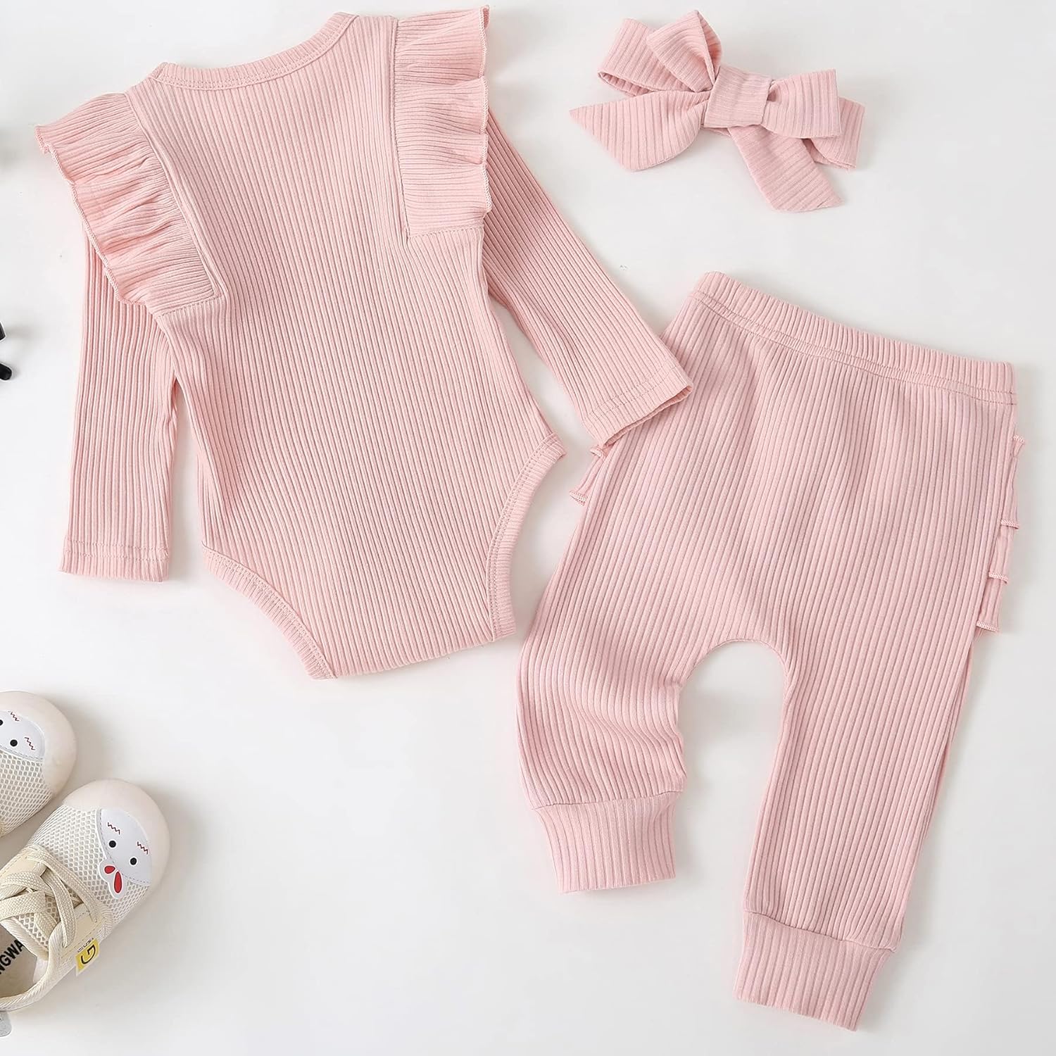 Fullfamous Baby Girl's 3pc Rib Frill Long Sleeve Romper and Pant Set - Image 3