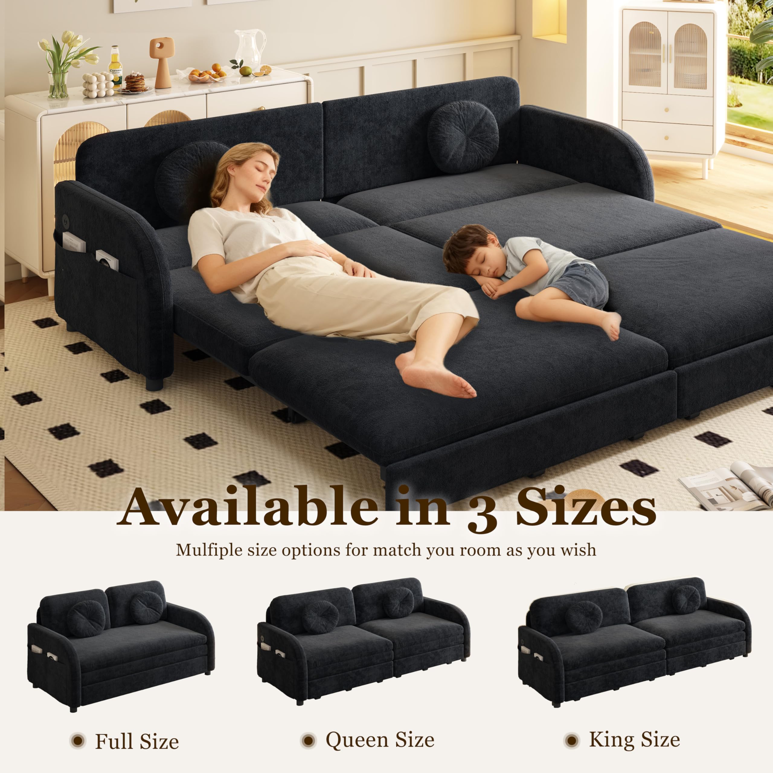 65.4'' Sleeper Sofa Bed Queen Size, 3in1 Convertible Pull Out Couch, Black | Modern Chenille Upholstered Loveseat, USB Charging, Side Pockets, 2 Pillows, for Living Room, Small Spaces, RV, Apartment