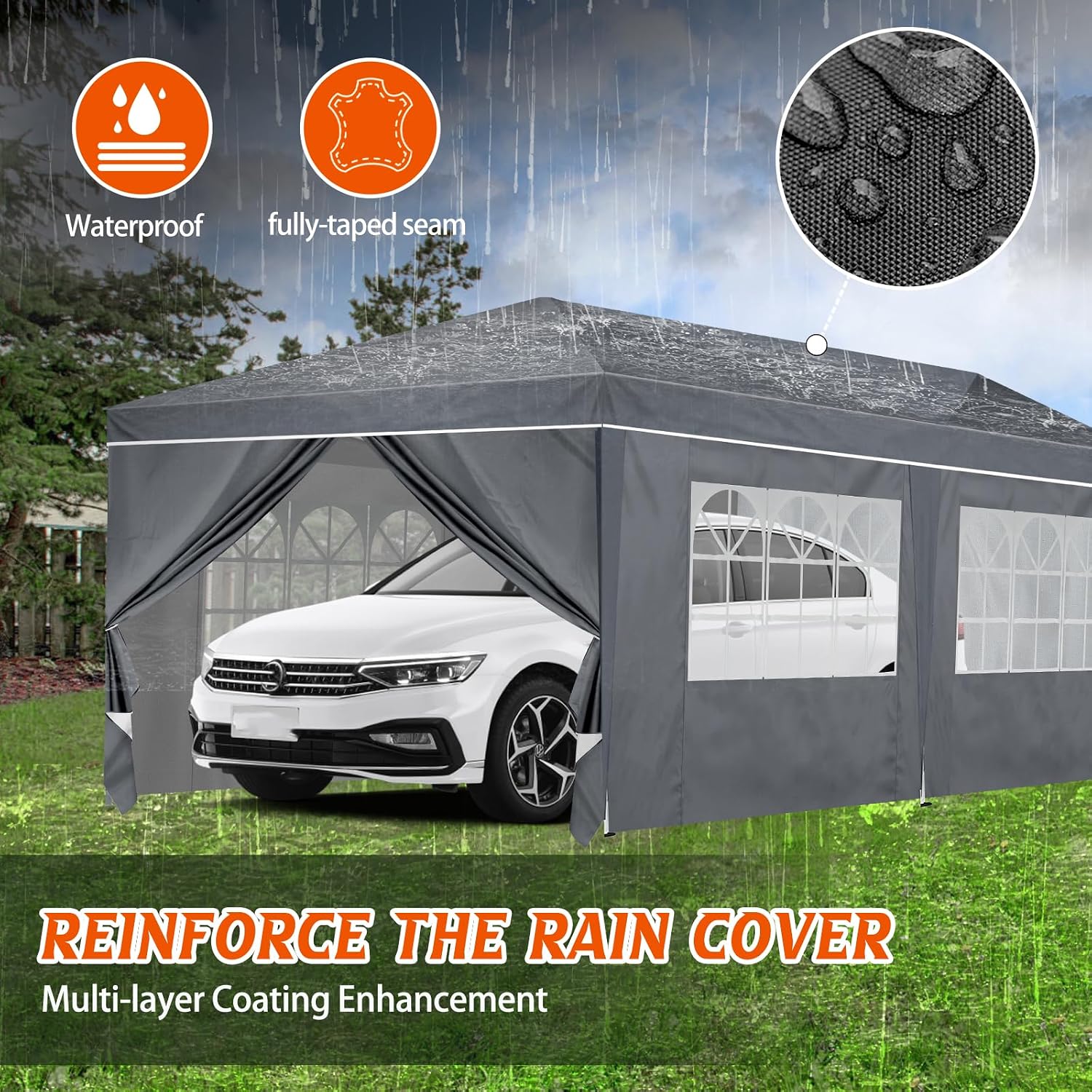 Image showing the canopy protecting a car from rain, highlighting the waterproof and multi-layer coating features.