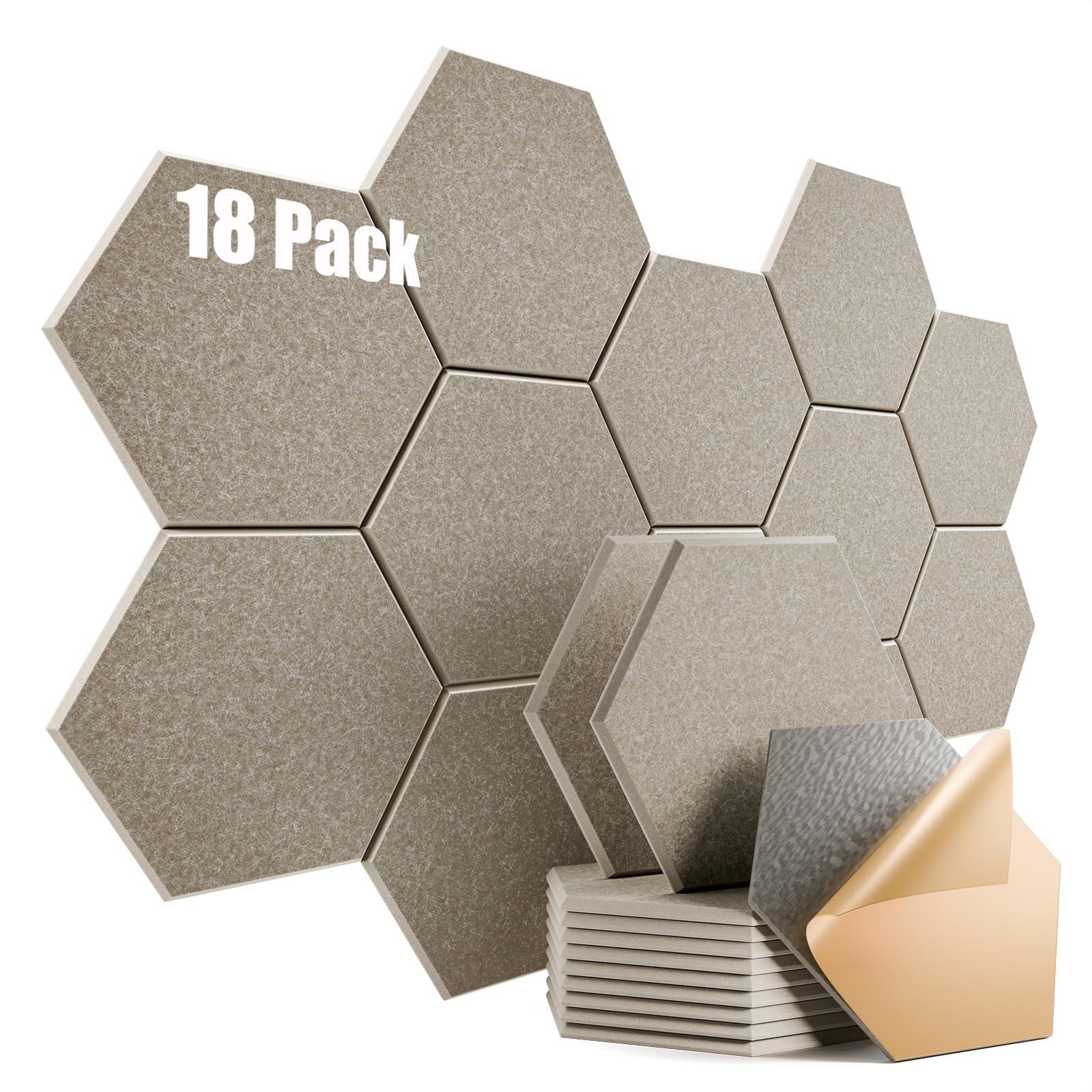 18 Pack Self-Adhesive Acoustic Panels 12" X 10" X 0.4" - Sound Proof Foam Panels for wall with High Density, Hexagon Design, Flame Resistant, Absorb Noise and Eliminate Echoes(Camel)