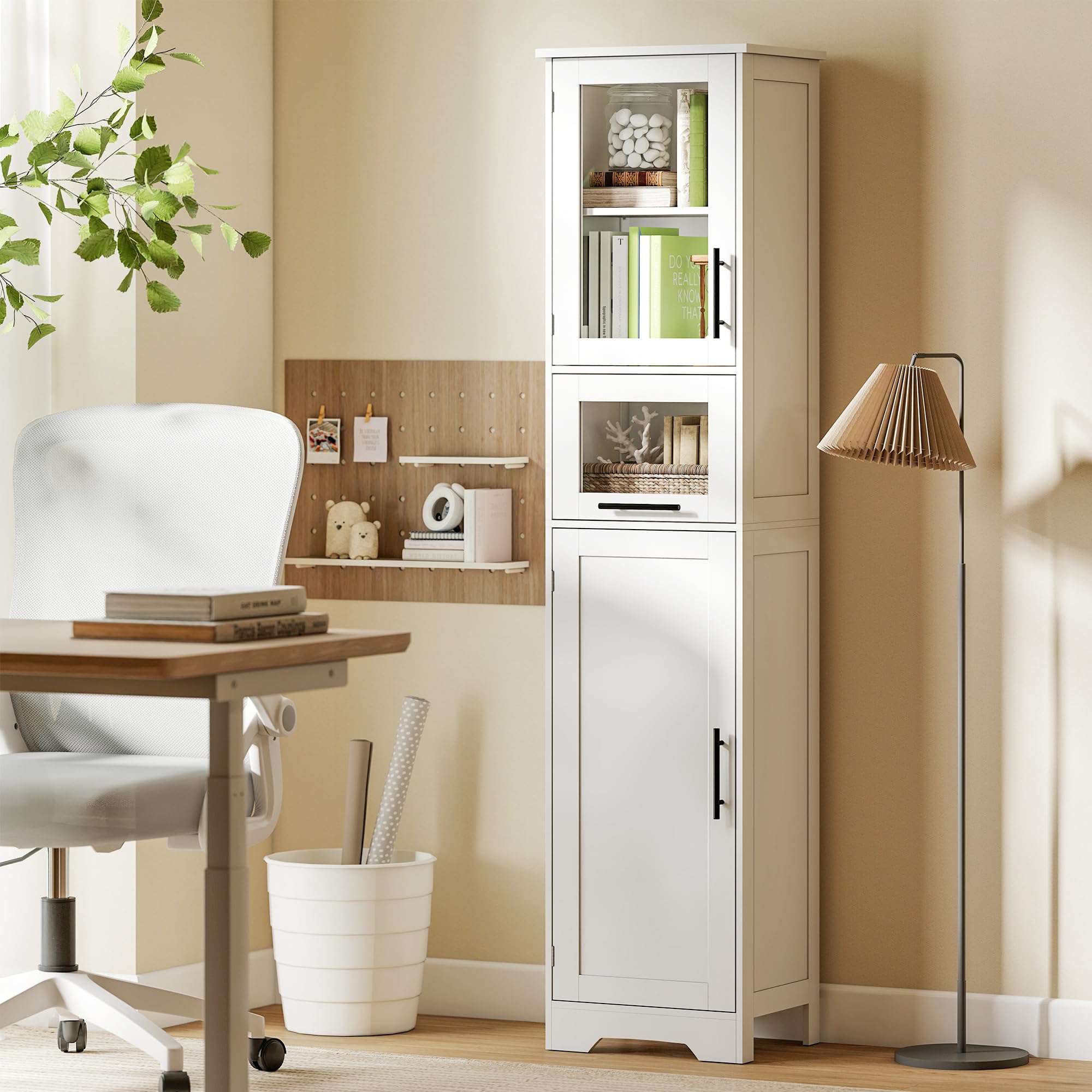 HOMCOM Armario de Baño Alto de Pie con Puerta Vidrio 40x31x170 cm Blanco | Mueble Auxiliar de Baño, Estantes Ajustables, Cajón, Columna Estrecha para Espacios Pequeños