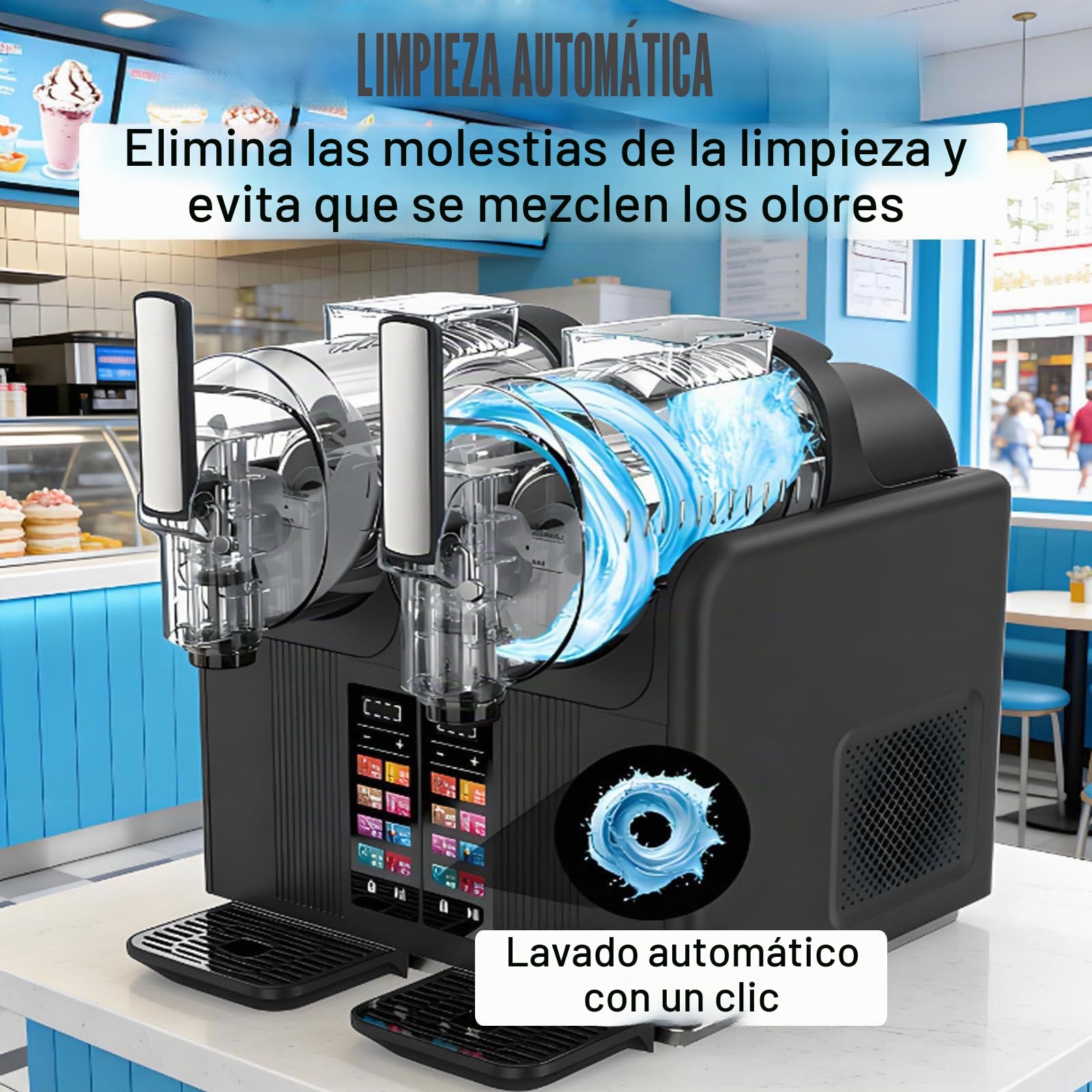 Máquina Para Hacer Granizados, Máquina Para Granizados 7 En 1, Máquina De Helado Suave De Doble Cabezal, Dos Depósitos De 2 Litros, 430 W, Panel Táctil Con Limpieza Automática Black