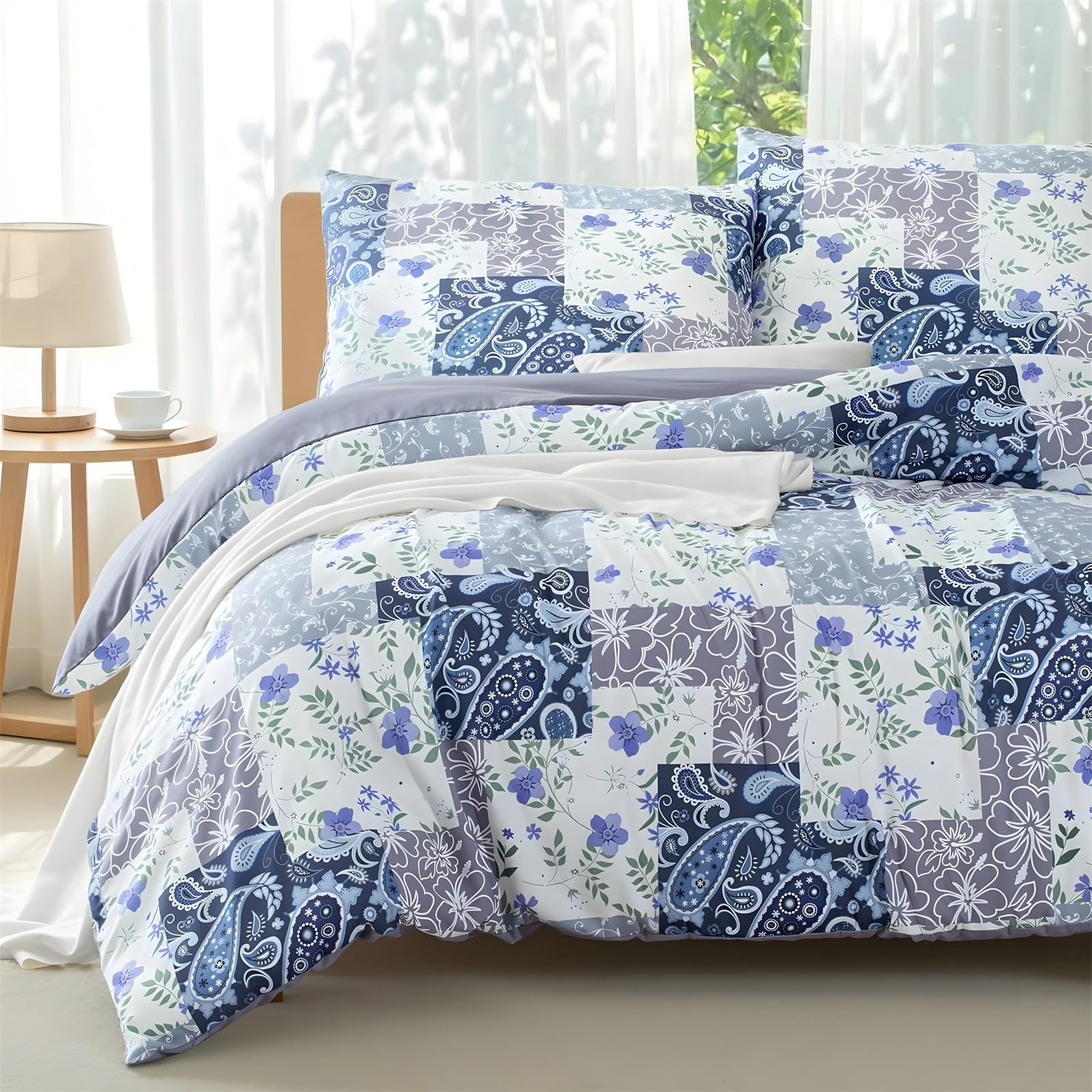Ypthriline Super King Duvets Set Plaid Bedding Set Microfiber Blue Duvet Covers with Pillowcases Reversible Bedding With Zipper Closure 260x220CM