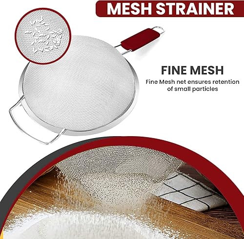 Miniatura 6 de Colador grande de malla extrafina de 9 pulgadas con mango de goma termoplástica - Tamiz de malla fina de acero inoxidable - Ideal para colar pasta,