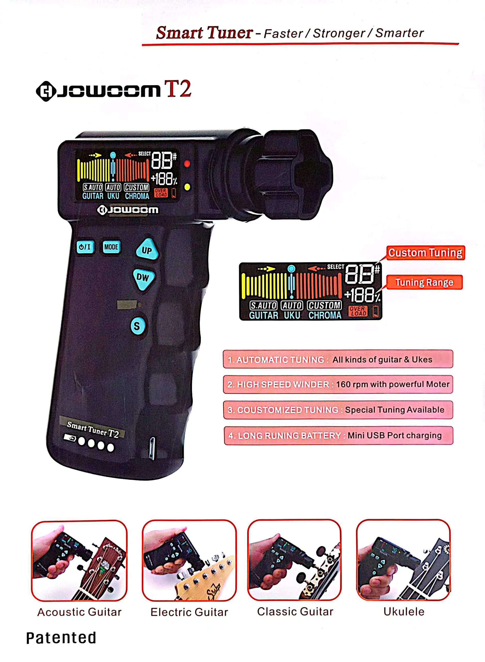 T2 Smart Guitar Tuner und automatischer Saitenwickler, 2-in-1, multifunktionales Saiteninstrument für Gitarre/Ukulele/Banjo/Mandoline/mit wiederaufladbarem Lithium-Akku