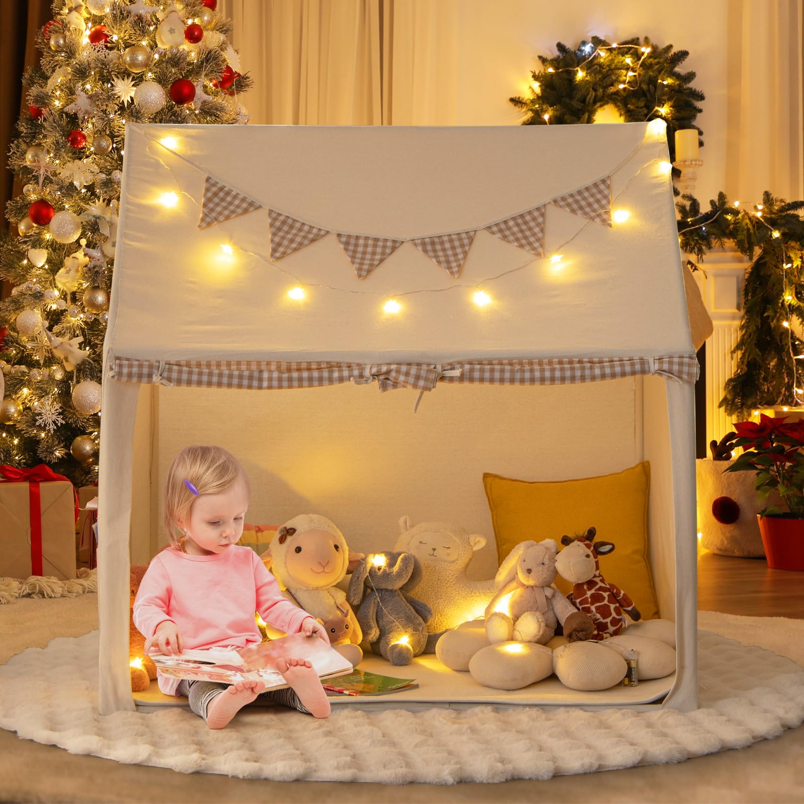 GYMAX Grande Casa Tenda da Gioco, Tenda Casetta con Tappetino Imbottito, Luci a Stella e Bandierine, Tenda da Interna Esterna con Finestre, Porte e Tasche Portaoggetti, Regalo per Bambini 3-8 Anni